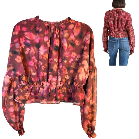 NEW Steve Madden Top M Hollis Pink Multicolor Muted Peplum Bishop Sleeves Button - Picture 2 of 11